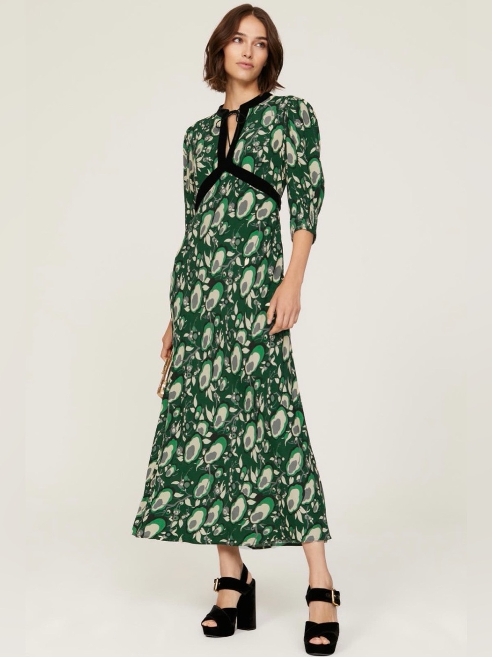 RIXO~Green Abstract Print Tie-Neck Petra Maxi Dress with Black Trim~Size 6~$430~